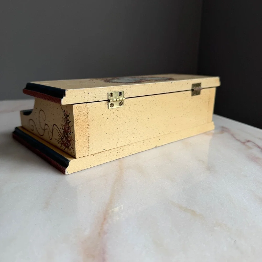 Vintage‎ C Hawkins 1989 Hand Painted Wooden Desk Organizer Stationery Box Floral